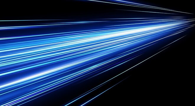 Abstract light trails dynamic blue streaks against black background