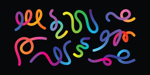 Collection of vibrant abstract gradient shapes with fluid and wavy lines on a black background