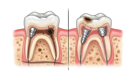 Medical illustration showing comparison of healthy tooth to one in need of dental restoration
