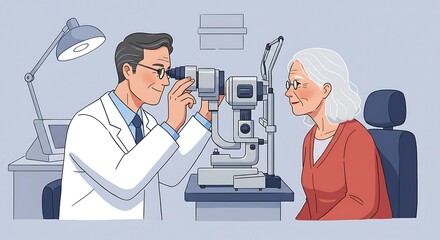 Medical professional examining an elderly woman's eyes with a slit lamp in a clinical setting