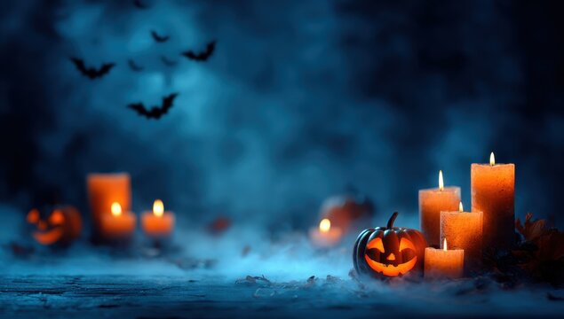 Halloween background with burning candles, a glowing jack-o'-lantern, and smoke on a dark blue background.