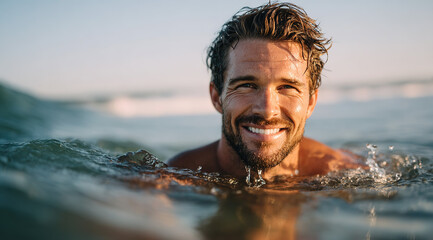 Smiling man with curly hair in sea water, outdoor ocean setting; leisure and enjoyment concept.