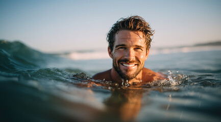 Smiling man with curly hair in sea water, outdoor ocean setting; leisure and enjoyment concept.