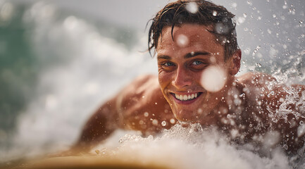 Smiling man with curly hair in sea water, outdoor ocean setting; leisure and enjoyment concept.