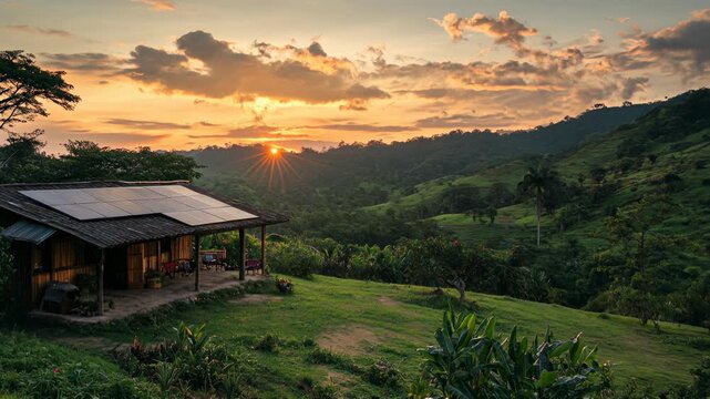 A solar-powered house at sunset in a lush landscape.