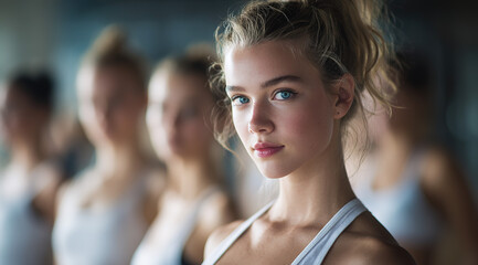 Focused young woman with blue eyes  in white tank top, group of women in background; fitness team or class concept.