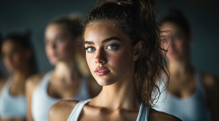 Focused young woman with blue eyes  in white tank top, group of women in background; fitness team or class concept.
