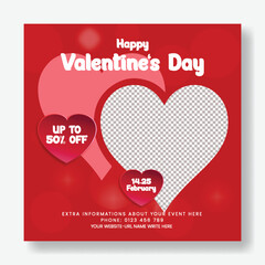Romantic Valentine’s Day Sale Promo Web Banner with Heart Gift Sale Illustration, Social Media Advertisement Background, Modern Square Flyer Poster Design for Celebration Party Invitation Template