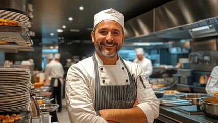 A smiling chef in a professional kitchen setting. - Powered by Adobe