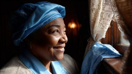 Woman in headscarf by window smiling sunlight portrait - Powered by Adobe