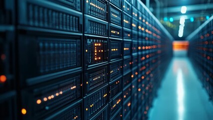 A data center with rows of servers and illuminated status lights. - Powered by Adobe