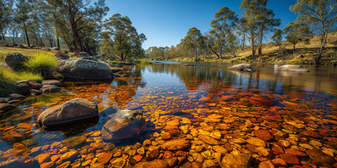 Sunlit australian bushland creek with clear water and rocky riverbed
