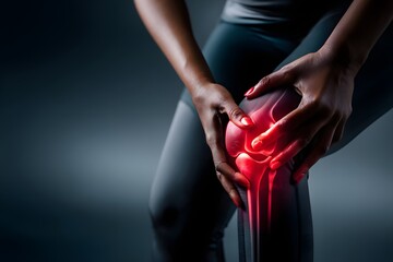 Sportlerin h&auml;lt schmerzendes Knie mit hervorgehobener Entz&uuml;ndung
