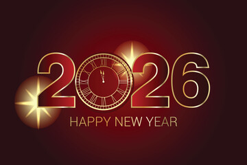Happy New Year 2026 with Golden Clock and Festive Sparkles