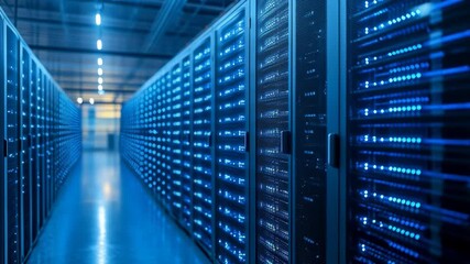 A data center with illuminated server racks in a corridor view. - Powered by Adobe