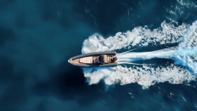 High-angle view of a speedboat cutting through dark blue water