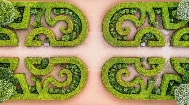 parterre. Symmetrical French garden with trimmed hedges and geometric patterns, aerial view. travel magazines, destination branding, designed for outdoor magazines and nature guides.
