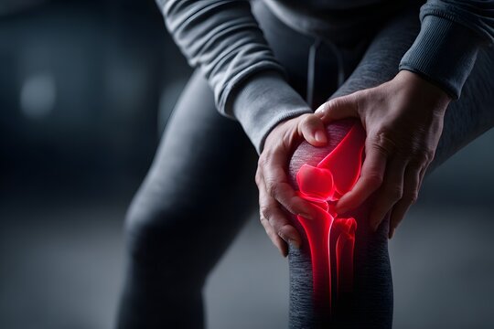 Sportler greift an schmerzendes Knie mit hervorgehobener Gelenkstruktur
