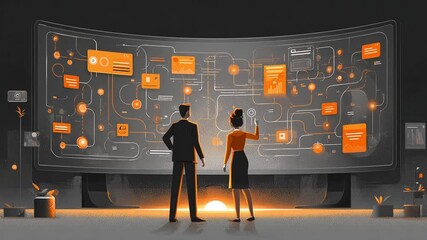 Diverse team collaborates, analyzing complex data on a futuristic interactive display. - Powered by Adobe