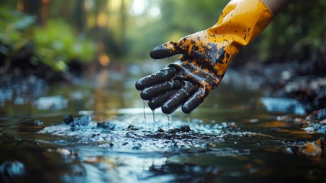 A gloved hand interacts with Spilled Oil in a natural setting.
