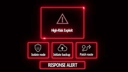 High-Risk Exploit response notification on digital interface in data center server room with isolate node initiate backup patch route options. glowing neon lights cybersecurity hacking Warning