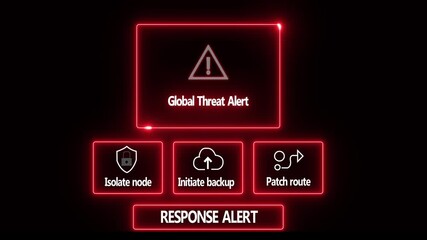 Global Threat Alert response notification on digital interface in data center server room with isolate node initiate backup patch route options. glowing neon lights cybersecurity hacking warning