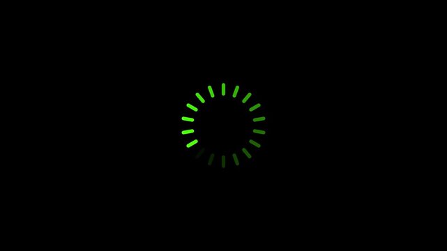 Green circular loading spinner animation on black background, rotating buffer indicator, smooth UI preloader loop, progress waiting icon for apps, websites, dashboards and modern interfaces