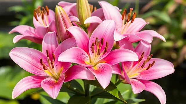 Vibrant Pink Lily Flowers Blooming in Natural Sunlight with Green Foliage Background and Water Droplets