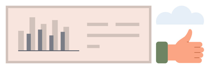 Bar graph with performance metrics and text elements alongside a thumbs-up hand gesture and a cloud. Ideal for analytics, approval, success, productivity, feedback, business insights