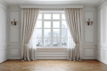 Elegant room with large window, ornate curtains, and city view.