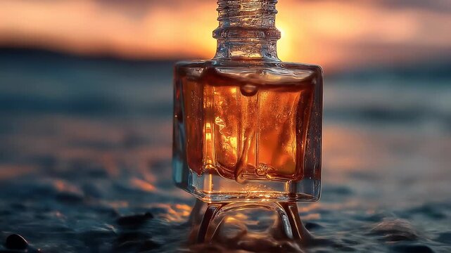 Amber Perfume Bottle at Sunset