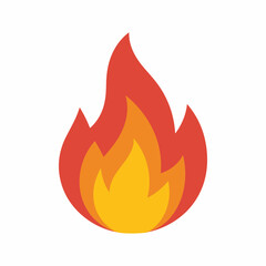 Stylized flat design illustration of a red orange and yellow flame on a white background.