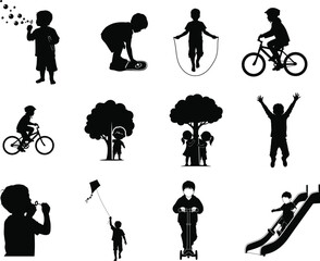 Silhouette illustrations of children playing outdoors in various activities