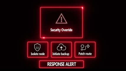 Security Override response notification on digital interface in data center server room with isolate node initiate backup patch route options. glowing neon lights cybersecurity hacking Warning