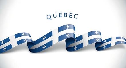 Waving quebec flag ribbon with fleur de lis symbol on white background