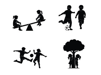 Silhouettes of children playing seesaw soccer walking and under a tree