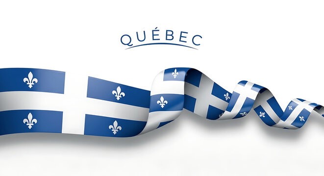 Waving flag of quebec canada with fleur de lis symbol and text overlay