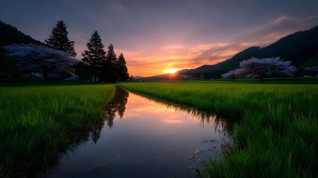 Serene Sunset Over Rice Paddy: A picturesque scene of a tranquil sunset over a lush green rice paddy, with mountains, trees, and water. Capturing the breathtaking beauty and harmony of nature.