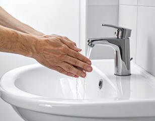 Man washing hands under running water from a shiny chrome faucet, white sink, white tiled bathroom