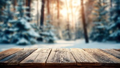 Wooden table with a blurred snowy forest background for product display, a Christmas concept