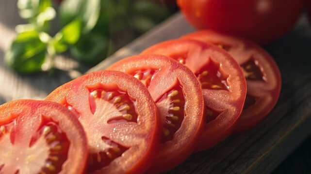 Close up of ripe red tomatoes sliced on a rustic wooden cutting board with fresh green basil leaves in soft natural light.