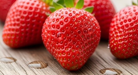Fresh Strawberries on Wooden Surface with Water Droplets.