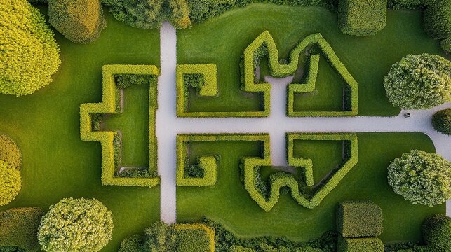 parterre. Symmetrical French garden with trimmed hedges and geometric patterns, aerial view. travel magazines, destination branding, designed for outdoor magazines and nature guides.