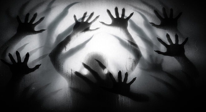 Dark Horror Silhouette with Creepy Shadow Hands and Mysterious Ghostly Figure Behind Foggy Glass