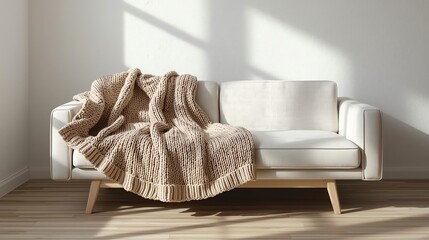 Cozy Beige Throw Blanket on Modern White Sofa