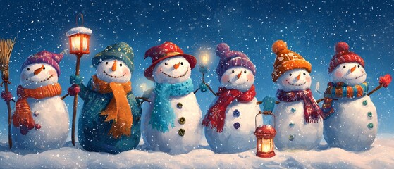 Panoramic Digital Painting of Cute Group of Snowmen Wearing Colorful Hats and Scarves in Winter Night Scene