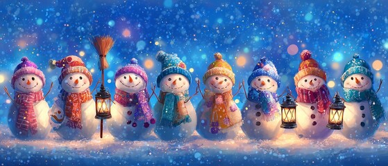 Panoramic Digital Painting of Cute Group of Snowmen Wearing Colorful Hats and Scarves in Winter Night Scene