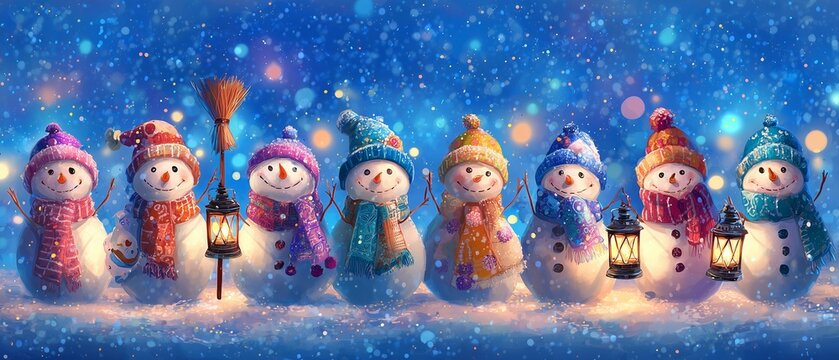 Panoramic Digital Painting of Cute Group of Snowmen Wearing Colorful Hats and Scarves in Winter Night Scene
