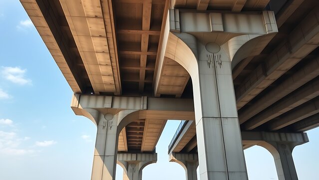 nationalizing. Massive bridge pillar supporting elevated roadway with architectural detail in daylight. real-estate listings.