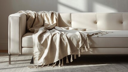 Beige Throw Blanket Draped Over Modern Sofa